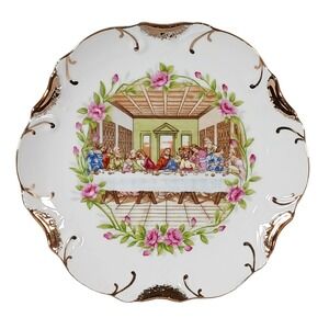 Vintage Last Supper Decorative Plate 18K Gold Trim Pink Roses Japan 8 inch
